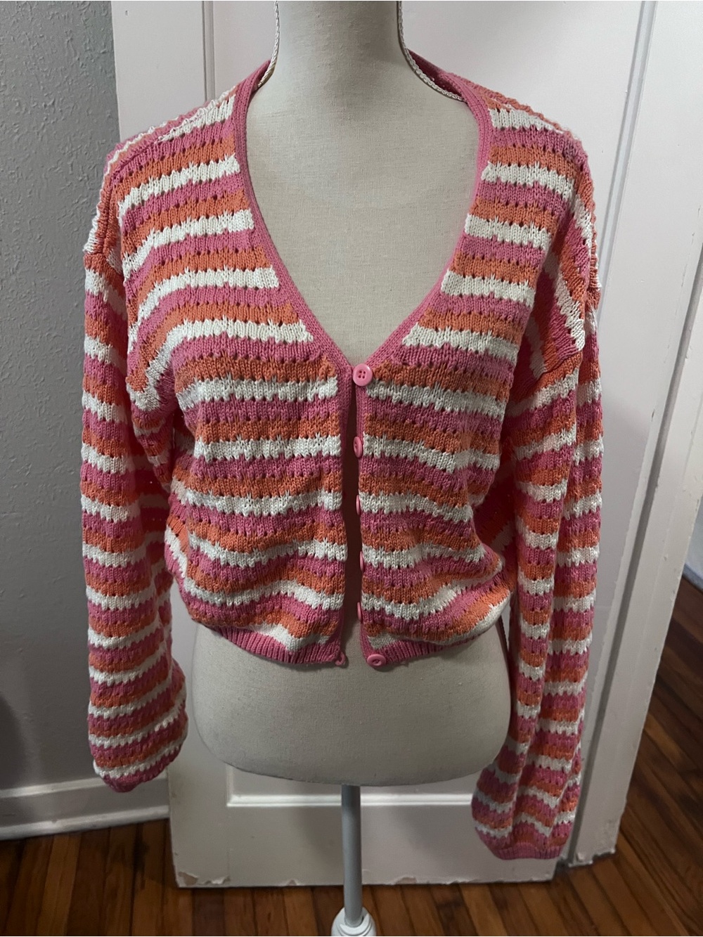 Forever 21 Striped Pink & White Knit Cardigan Sweater